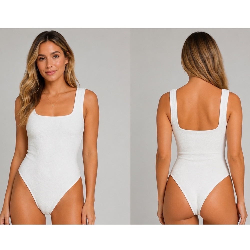 Show Me Your Mumu White Textured Square Neck Bodysuit Size S USA Minimalist